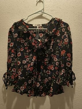 Ruffle Tie-Front Floral Blouse - Black with Red & Pink Flowers